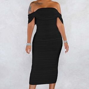 Off-Shoulder Ruched Midi Dress Black Strapless Bodycon Holiday Cocktail Dress